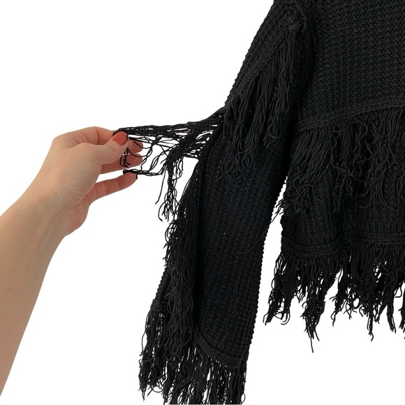 Tularosa Fringe Cardigan Sweater Womens Size Small Black Tie Front Cropped - Picture 4 of 12